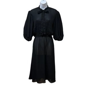 Vintage Rue de Bac Black Sheer Chiffon Dress Puff Sleeve Pussybow Pin Tuck Pleat